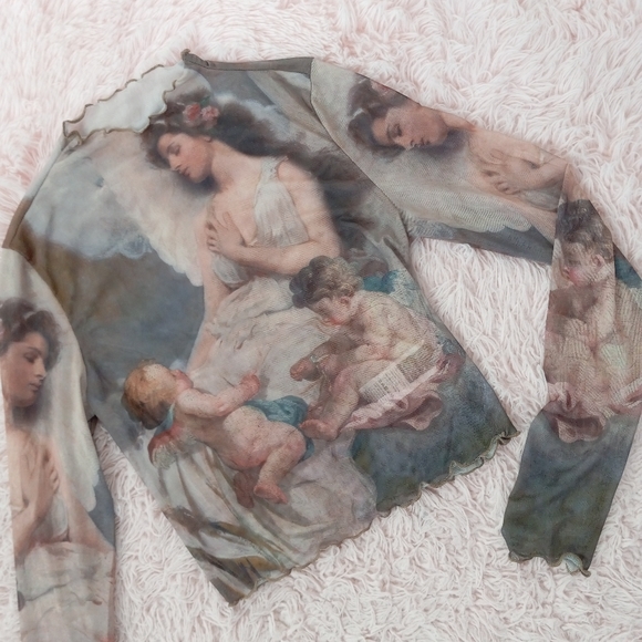 Sheer mesh Renaissance angel art lettuce edged mock-turtleneck crop top! Nwot! - Picture 10 of 10